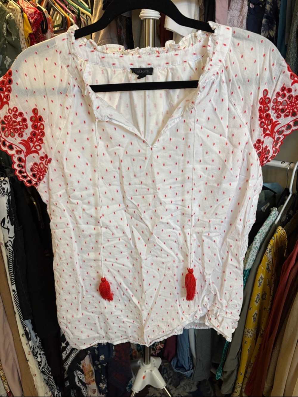 Talbots White Blouse with Red Embroidery